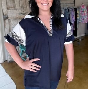 New 7th Ray Navy Striped Vneck Top